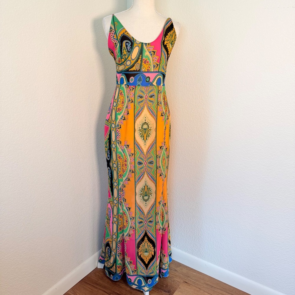 Missguided Maxi Dress Womens 6 Multicolor Paisley Boho Festival V-Neck No Sleeve
